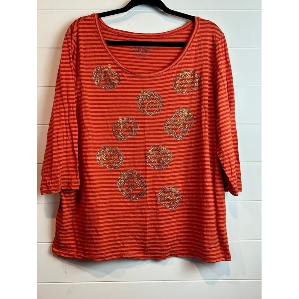 Onque Woman 1X Orange Stripe Halloween Pumpkin Embellished 3/4‎ Sleeve Top